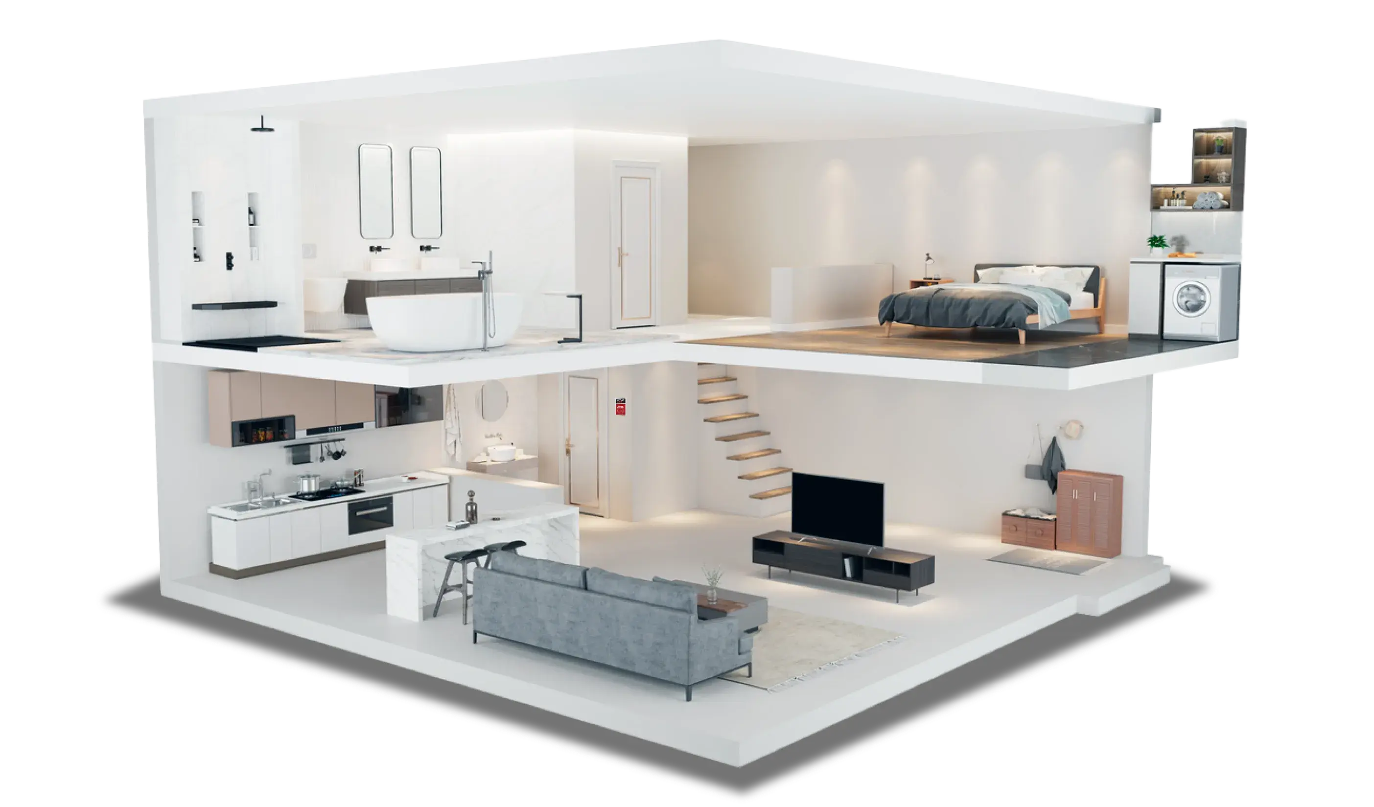 Domicile connecté vue éclatée avec système d’alarme couvrant chaque pièce