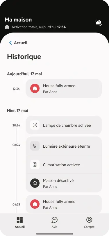 Historique des événements liés au système d’alarme domestique